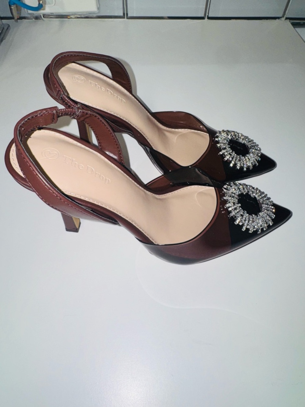The Drop Women’s Dark Brown Pointed Slingback Heels with Crystal Sunburst - Picture 2 of 7